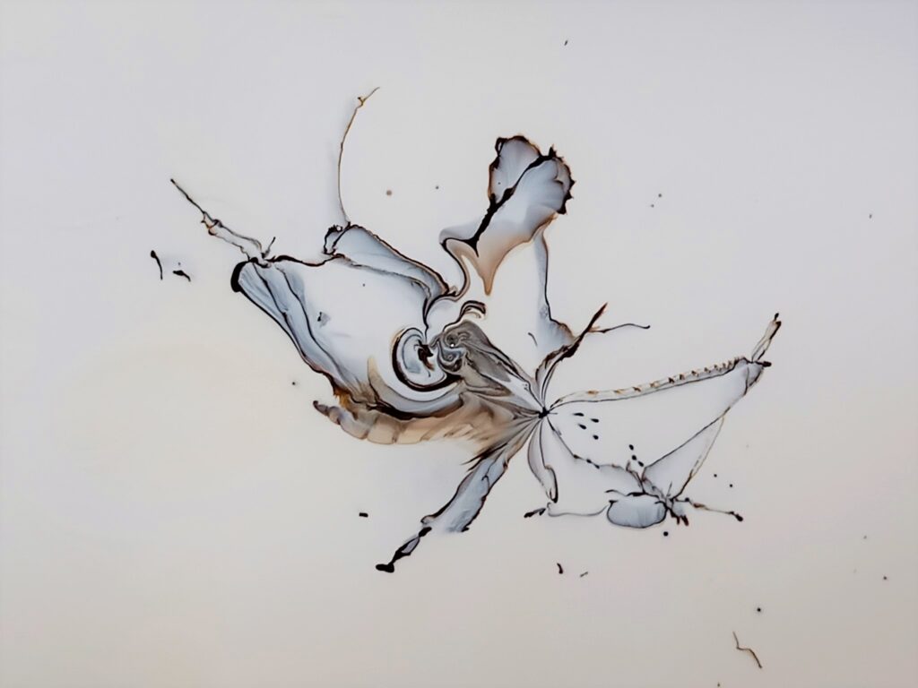 artwork by Jeff Tollefsen - abstract, white background, outlines, fills of cool grey blue, and craft paper brown tones